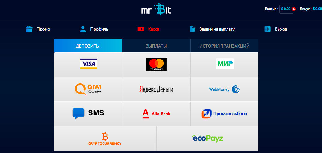 Платежные системы в казино Мистер Бит